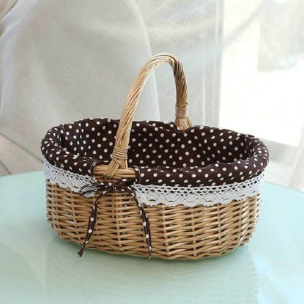 Hand Woven Picnic Basket Sackcloth Rattan Storage Basket Small - Small wicker basket with brown polka dot removable sackcloth lining and handle