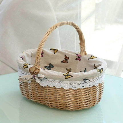 Hand Woven Picnic Basket Sackcloth Rattan Storage Basket Small with removable butterfly-printed sackcloth lining and lace trim for picnics and storage