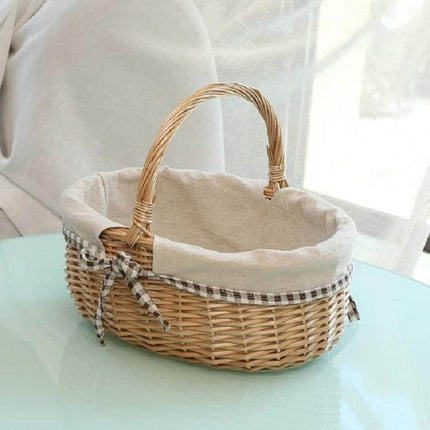 Hand Woven Picnic Basket Sackcloth Rattan Storage Basket Small with removable washable lining for picnics, pantry storage, and gift presentation