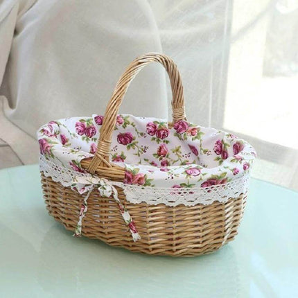 Hand Woven Picnic Basket Sackcloth Rattan Storage Basket Small with floral removable lining for picnics and home storage, breathable corrosion-resistant wicker