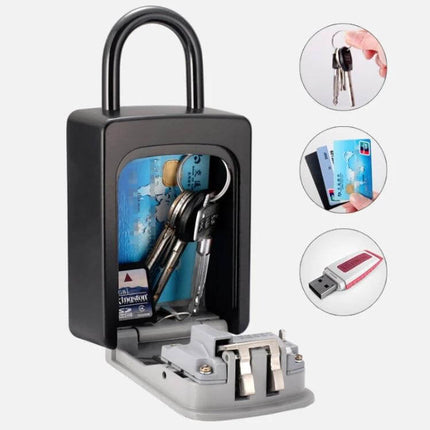 Secure Hanging Grey Key Password Box for Daily Storage with combination lock mounted on wall holding keys, cards and USB drive