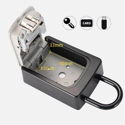 Secure Hanging Grey Key Password Box for Daily Storage, aluminum lockbox with combination mechanism, dimensions 90x65x33mm
