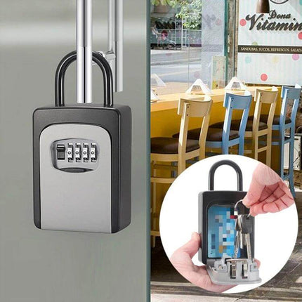 Secure Hanging Grey Key Password Box for Daily Storage shown mounted on a door handle with combination lock and stored keys inside