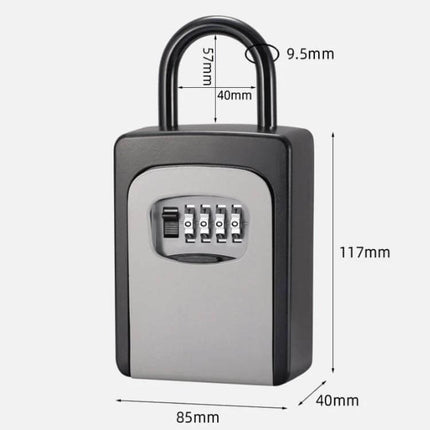 Secure Hanging Grey Key Password Box for Daily Storage - compact grey aluminum alloy combination lock box with 4-digit code, 85x117x40mm, 40mm shackle clearance