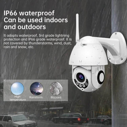 WiFi Smart Dome Camera for Secure Home Monitoring mounted outdoors in rain demonstrating IP66 waterproof outdoor surveillance