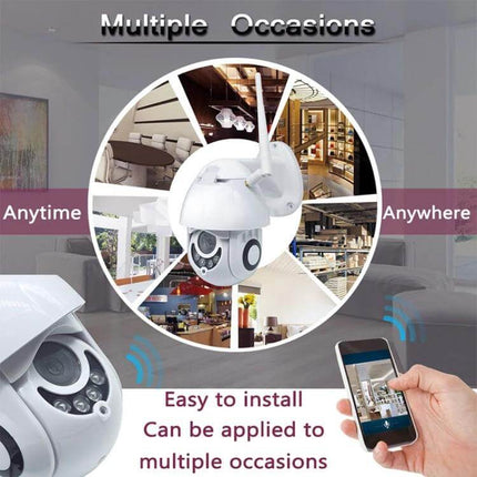WiFi Smart Dome Camera for Secure Home Monitoring showing dome camera, mobile app live view and multiple home scenes