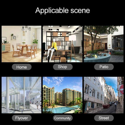 WiFi Smart Dome Camera for Secure Home Monitoring showing home, shop, patio, flyover, community and street use cases