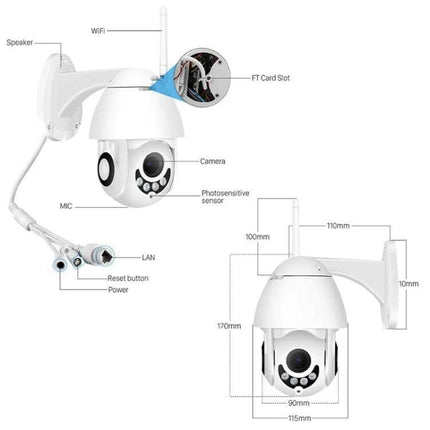 WiFi Smart Dome Camera for Secure Home Monitoring showing dome camera, antenna, LAN, power, microphone, TF card slot and dimensions