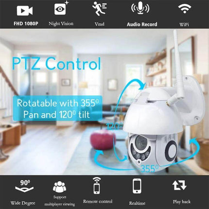 WiFi Smart Dome Camera for Secure Home Monitoring showing 355° pan and 120° tilt PTZ in living room with 1080P night vision and remote app control