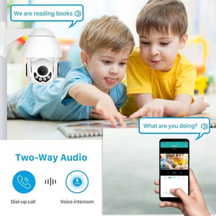WiFi Smart Dome Camera for Secure Home Monitoring showing two children monitored via mobile app with two-way audio and 1080P footage