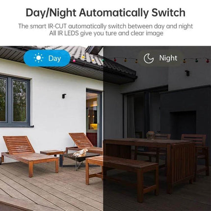 WiFi Smart Dome Camera for Secure Home Monitoring showing day/night automatic switch with clear 1080P outdoor patio monitoring view