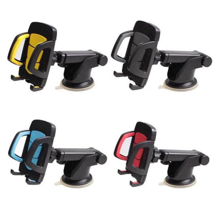 Car Phone Holder With Suction Cup Mount For Dashboard - compact dashboard/windshield phone mount in black with yellow, blue, red accents, 62mm suction cup