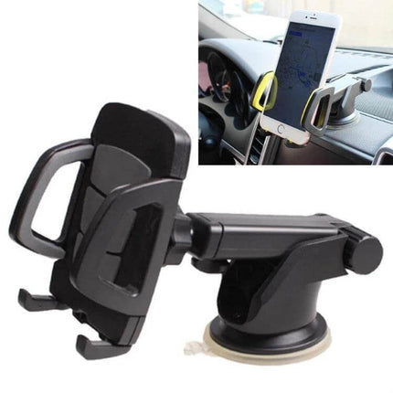 Car Phone Holder With Suction Cup Mount For Dashboard showing black adjustable holder attached to dashboard with smartphone