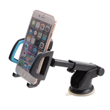 Car Phone Holder With Suction Cup Mount For Dashboard showing smartphone in adjustable cradle on extendable arm with 62mm suction cup