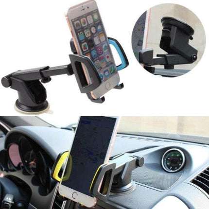 Car Phone Holder With Suction Cup Mount For Dashboard showing smartphone secured on dashboard and windshield suction mount