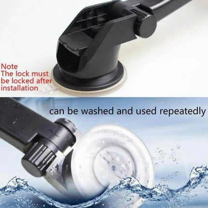 Car Phone Holder With Suction Cup Mount For Dashboard showing 62mm suction cup base and lock, washable reusable suction cup in water