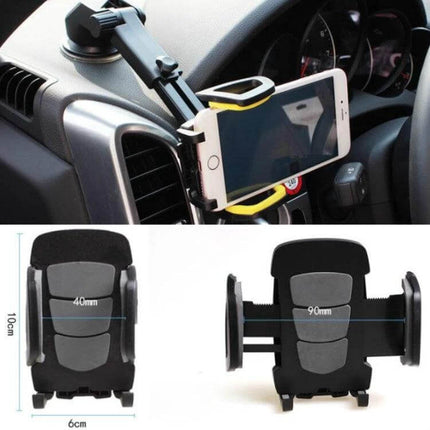 Car Phone Holder With Suction Cup Mount For Dashboard showing phone mounted on dashboard suction cup arm, compact 60x100mm housing