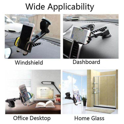 Car Phone Holder With Suction Cup Mount For Dashboard showing windshield, dashboard, office desktop and home glass mounting options