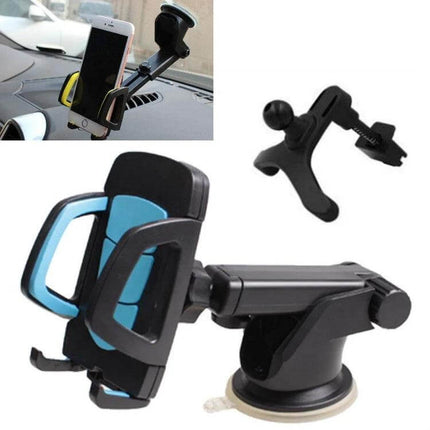 Car Phone Holder With Suction Cup Mount For Dashboard showing black-and-blue adjustable car phone mount attached to dashboard and windshield