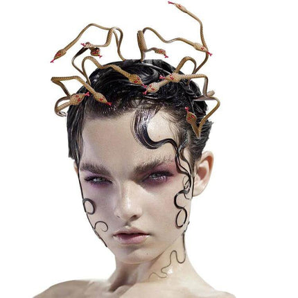 Halloween Carnival Stage Props Headdress Medusa Snake Cosplay Headband worn on model with gold snake headband for Halloween cosplay