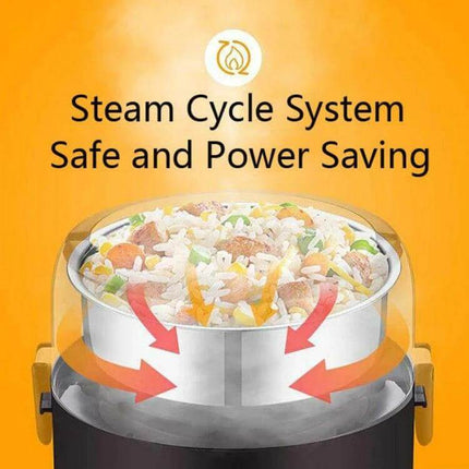 Electric Lunch Box Double Layer For Daily Meals At Work - double-layer electric lunch box with steam circulation heating, compact 15x15cm, ideal for rice and vegetables