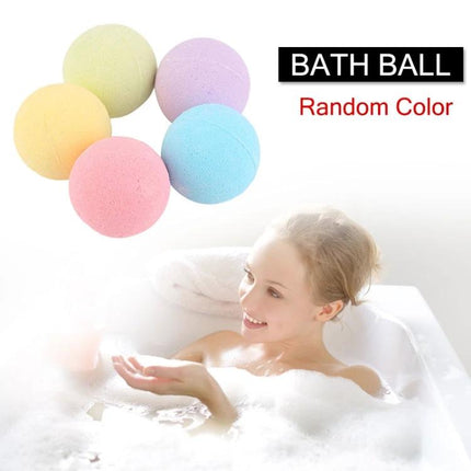 Set of Colorful Bath Bombs for Everyday Home Relaxation - five pastel handmade fizzing bath bombs displayed with woman enjoying a soothing bubble bath