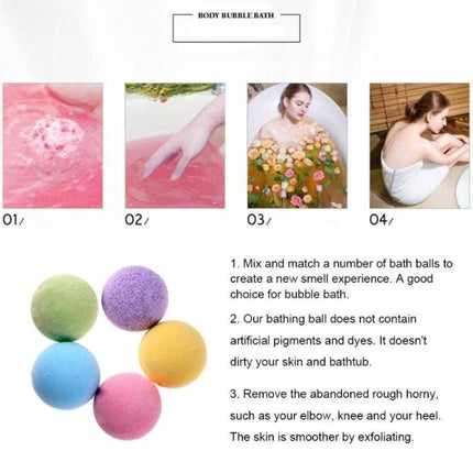 Set of Colorful Bath Bombs for Everyday Home Relaxation - five pastel bath bombs with pink fizz and floral bath scenes
