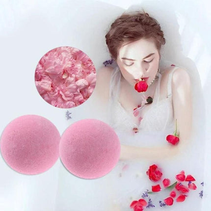 Set of Colorful Bath Bombs for Everyday Home Relaxation - pink bath bombs with rose petals and woman soaking in milk bath