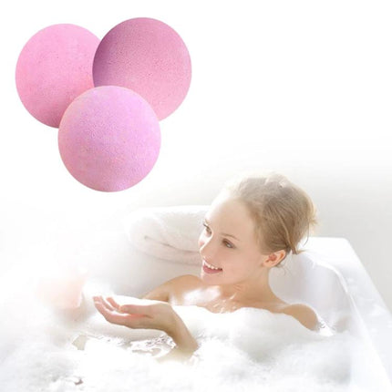 Set of Colorful Bath Bombs for Everyday Home Relaxation — three pink bath bombs and woman enjoying a soothing bubble bath