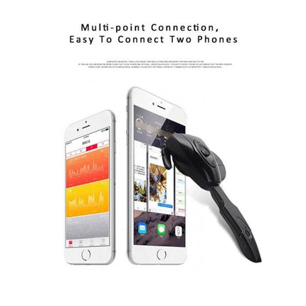 Single Ear Bluetooth Earphone With Ear Hook For Calls showing black earhook headset beside two smartphones