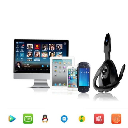 Single Ear Bluetooth Earphone With Ear Hook For Calls shown with desktop, tablet, smartphone and portable media devices