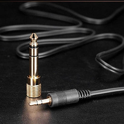 Takstar Wired Computer Headset With Microphone For Calls showing gold 3.5mm plug and included 6.3mm adapter on black cable