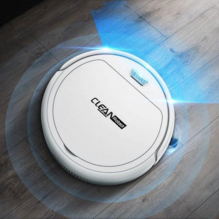 Automatic Home Sweeping and Mopping Robot for Daily Cleaning compact white robot vacuum on hardwood floor with start button and blue sensor light
