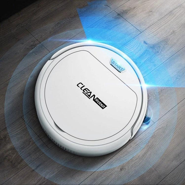 Automatic Home Sweeping and Mopping Robot for Daily Cleaning compact white robot vacuum on hardwood floor with start button and blue sensor light