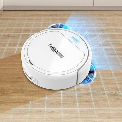 Automatic Home Sweeping and Mopping Robot for Daily Cleaning - white round robot vacuum on wood floor with grid navigation effect