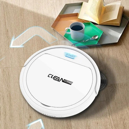 Automatic Home Sweeping and Mopping Robot for Daily Cleaning white round robot vacuum on hardwood floor near tray and cup