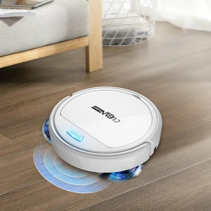Automatic Home Sweeping and Mopping Robot for Daily Cleaning - white robot vacuum mopping on hardwood floor under sofa