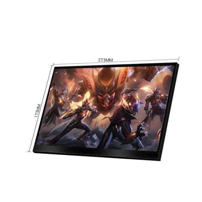 ZGYNK Portable USB-C External Monitor for Computer Use showing 10.1–15.6in IPS HD screen with gaming scene and dimensions for portable dual-monitor setup