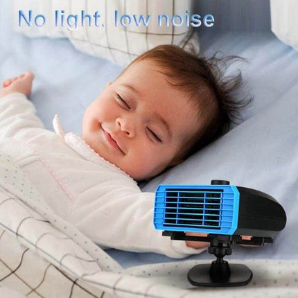 Multifunctional Car Heater 360 Degree Rotation For Car Use shown compact in-car PTC heater near sleeping child, no bright light and low noise for defogging and comfort