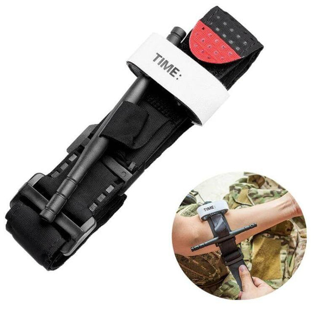Outdoor One Handed Spinning Artery Tourniquet For Emergency First Aid - compact one-handed rotary tourniquet with time strap in black pouch