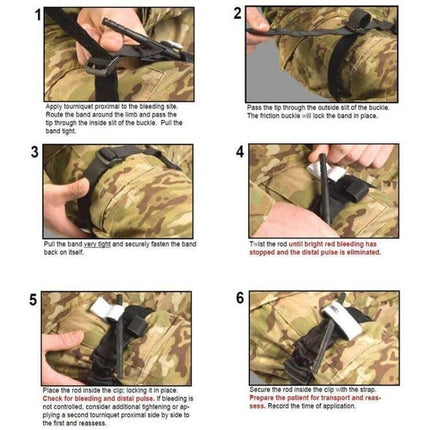 Outdoor One Handed Spinning Artery Tourniquet For Emergency First Aid showing step-by-step one-handed application on an arm