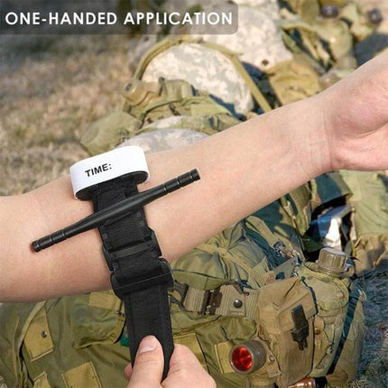 Outdoor One Handed Spinning Artery Tourniquet For Emergency First Aid on forearm demonstrating one-handed application to stop severe arm bleeding