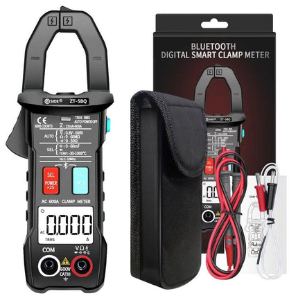 BSIDE Bluetooth-Enabled AC Clamp Meter for Electrical Testing showing clamp meter, probes, and carrying case for remote electrical monitoring