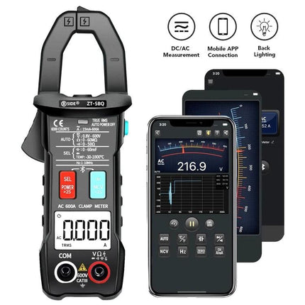 BSIDE Bluetooth-Enabled AC Clamp Meter for Electrical Testing showing clamp meter and mobile app display for remote voltage and current monitoring