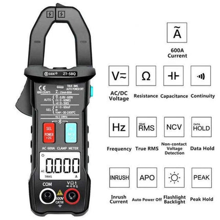 BSIDE Bluetooth-Enabled AC Clamp Meter for Electrical Testing showing clamp, LCD, buttons and icons for current, voltage, resistance and Bluetooth data logging