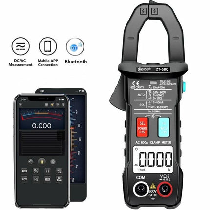 BSIDE Bluetooth-Enabled AC Clamp Meter for Electrical Testing connected to mobile app showing AC current and data logging