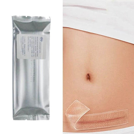 Organic Silicone Gel Scar Patch 3.5 x 12 cm For Scar Care - clear silicone sheet shown in sealed pack and applied over lower abdomen cesarean scar