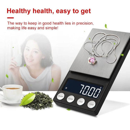 Mini Portable Jewellery Scale For Precise Everyday Weighing - compact stainless steel digital scale showing 70.00g with necklace on weighing surface