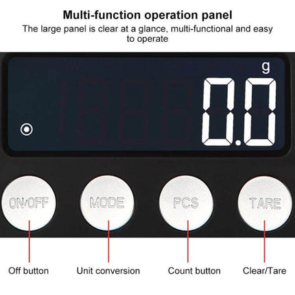 Mini Portable Jewellery Scale For Precise Everyday Weighing digital display and buttons showing g unit, tare, mode, pcs and on/off for jewellers
