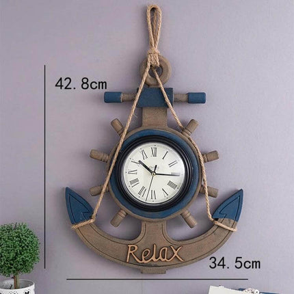 Retro Wooden Wall Clock For Living Room Home Decor - nautical anchor-shaped painted wood clock with rope hanger and 'Relax' lettering